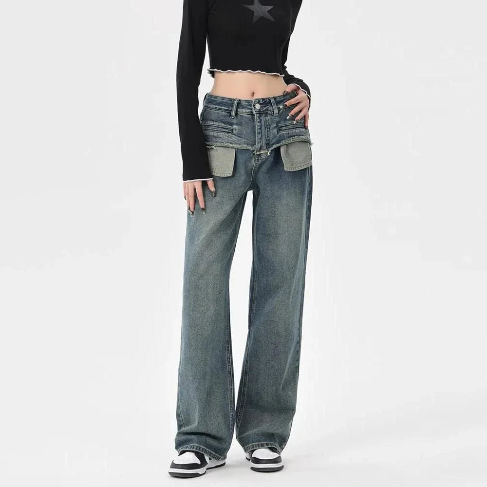 Chic Vintage Distressed High-Waist Straight Leg Women's Jeans in Distressed Blue