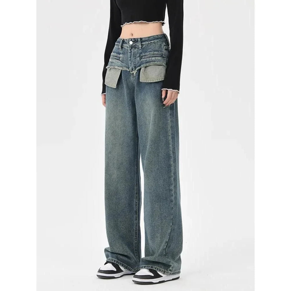 Chic Vintage Distressed High-Waist Straight Leg Women's Jeans in Distressed Blue