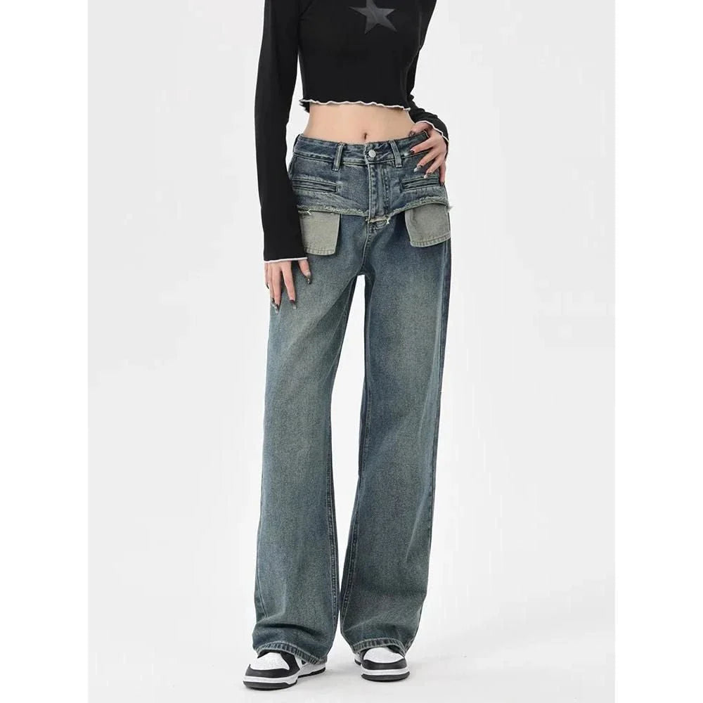 Chic Vintage Distressed High-Waist Straight Leg Women's Jeans in Distressed Blue