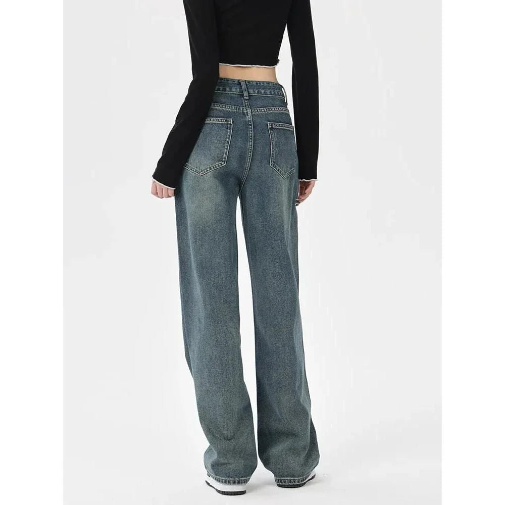 Chic Vintage Distressed High-Waist Straight Leg Women's Jeans in Distressed Blue