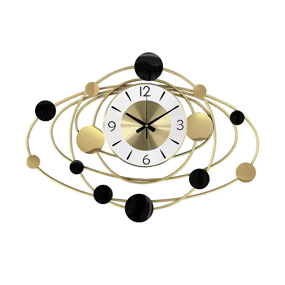 Trendha's Modern Luxury Art Wall Clock with a sleek metal dial and abstract pattern, a stylish addition to any living room.