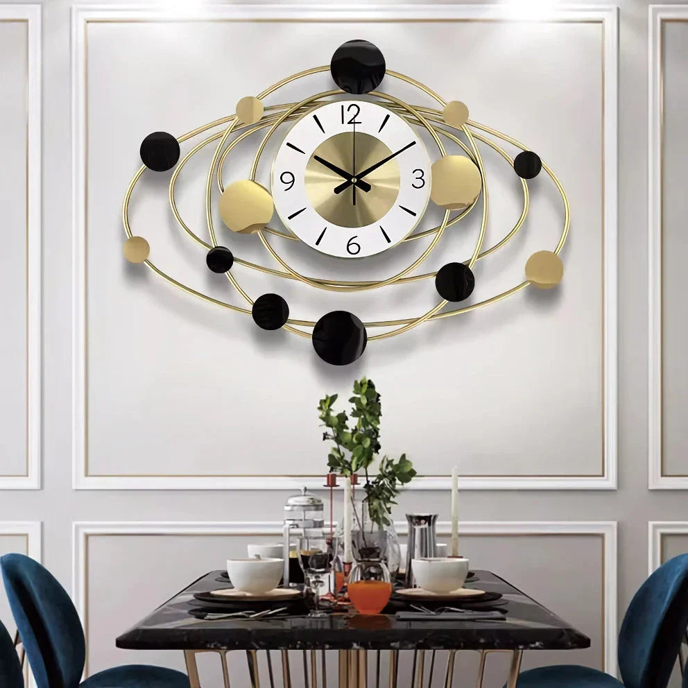 Trendha's Modern Luxury Art Wall Clock with a sleek metal dial and abstract pattern, a stylish addition to any living room.