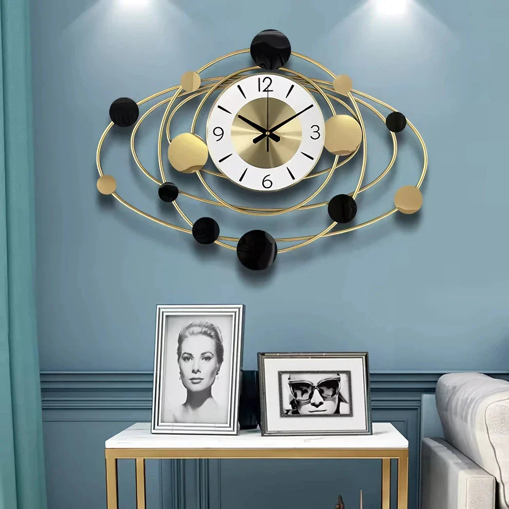 Trendha's Modern Luxury Art Wall Clock with a sleek metal dial and abstract pattern, a stylish addition to any living room.