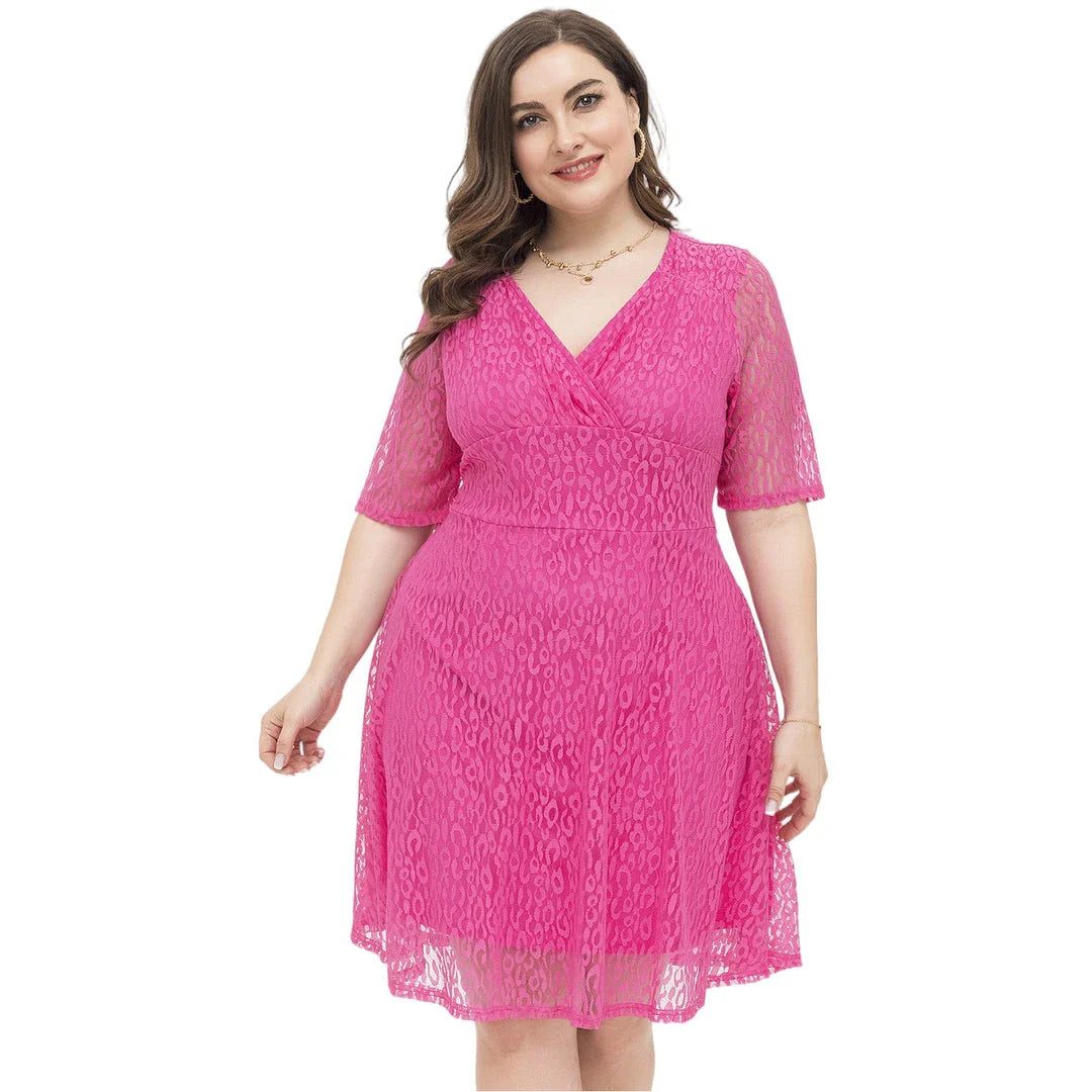 Casual waist-tight v-neck lace dress in rose red colour, featuring A-line silhouette and figure-flattering design
