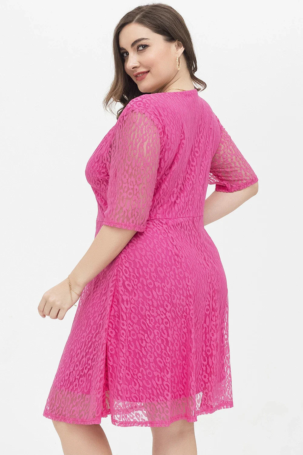 Casual waist-tight v-neck lace dress in rose red colour, featuring A-line silhouette and figure-flattering design
