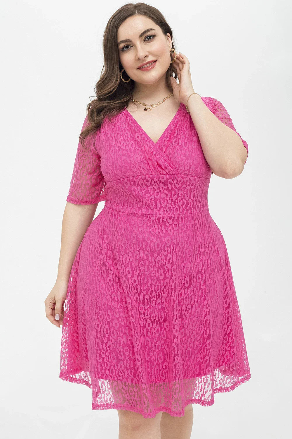 Casual waist-tight v-neck lace dress in rose red colour, featuring A-line silhouette and figure-flattering design