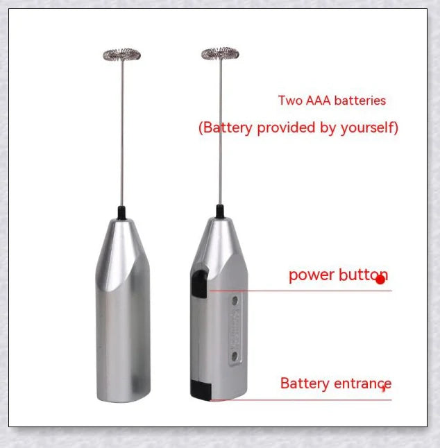A compact, stainless steel milk frother with a modern, minimalist design, perfect for creating rich, velvety milk foam for coffee and tea drinks.
