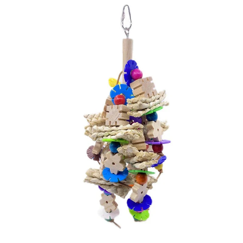 A premium wooden parrot gnawing toy for bird enrichment and entertainment