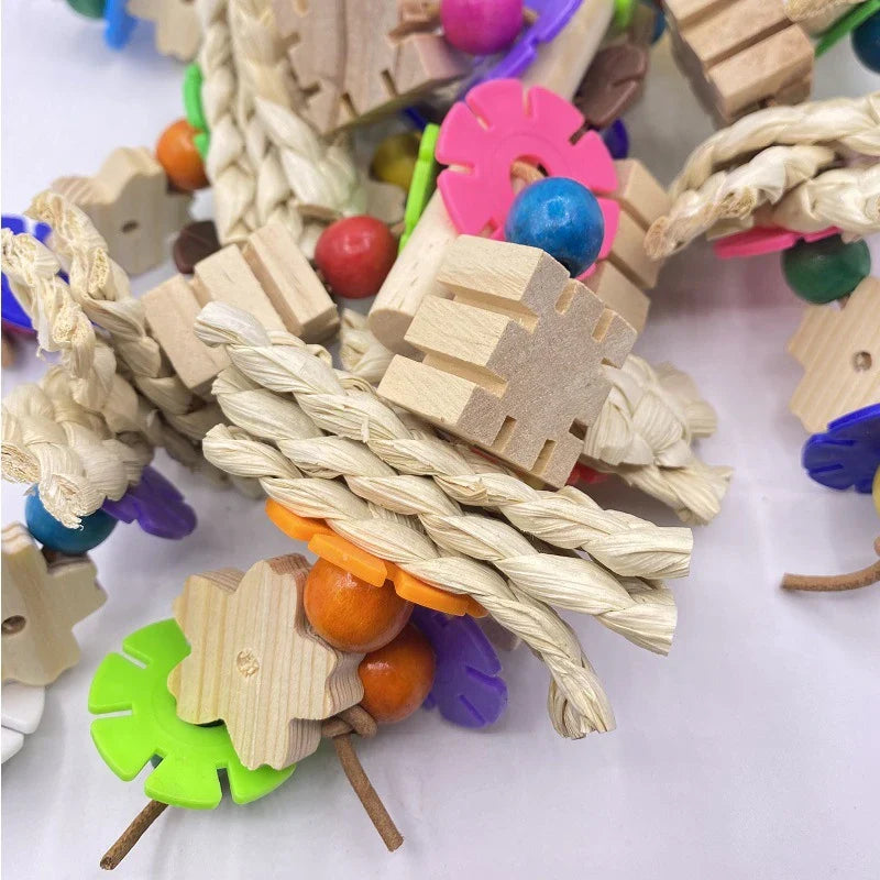 A premium wooden parrot gnawing toy for bird enrichment and entertainment