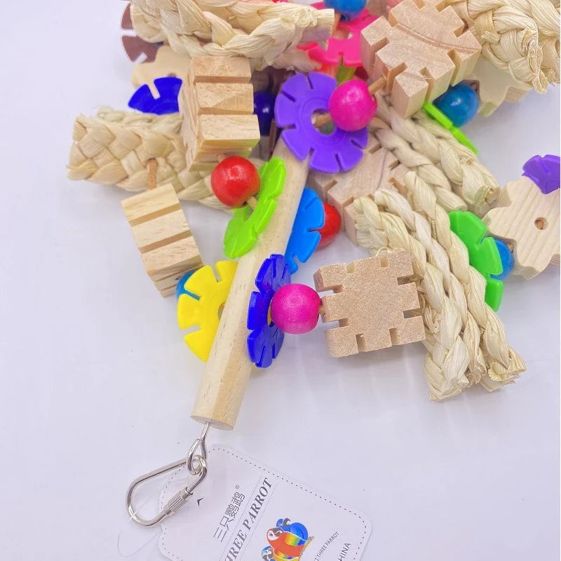 A premium wooden parrot gnawing toy for bird enrichment and entertainment