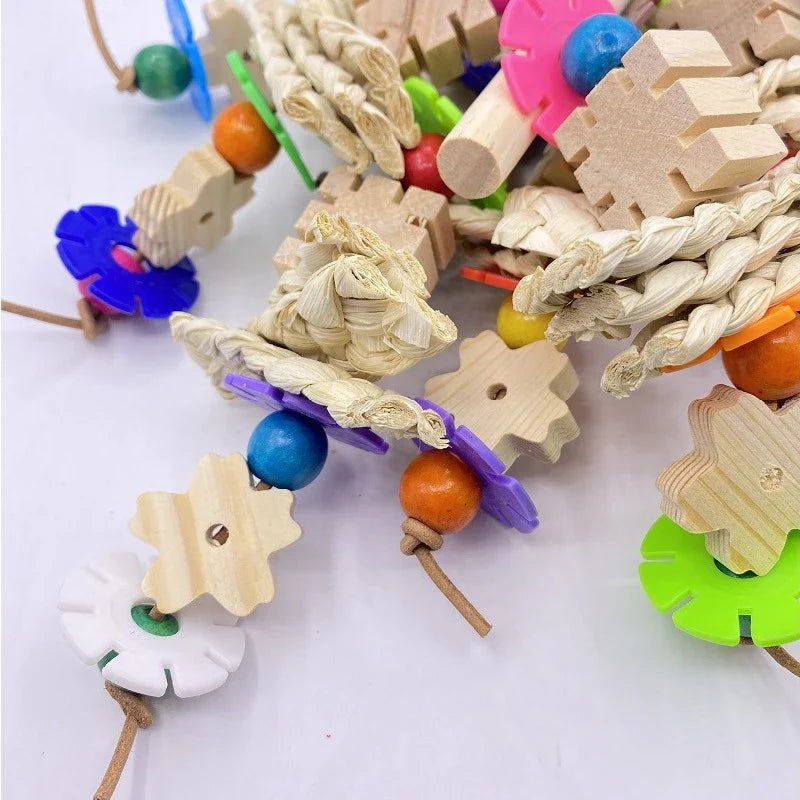 A premium wooden parrot gnawing toy for bird enrichment and entertainment