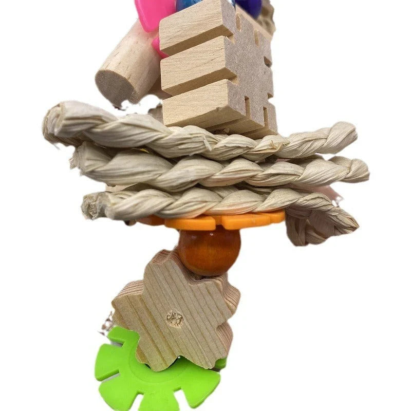 A premium wooden parrot gnawing toy for bird enrichment and entertainment