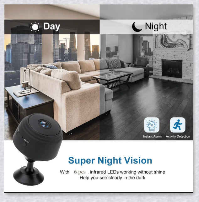 Wireless security camera with night vision and microphone, compact aluminium alloy design for discreet home or office surveillance
