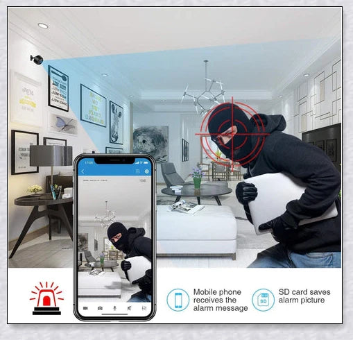 Wireless security camera with night vision and microphone, compact aluminium alloy design for discreet home or office surveillance