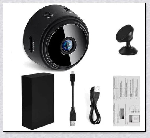 Wireless security camera with night vision and microphone, compact aluminium alloy design for discreet home or office surveillance