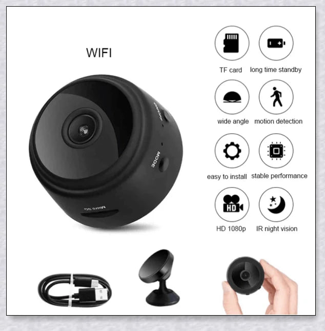 Wireless security camera with night vision and microphone, compact aluminium alloy design for discreet home or office surveillance