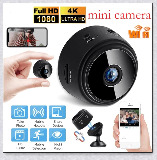 Wireless security camera with night vision and microphone, compact aluminium alloy design for discreet home or office surveillance
