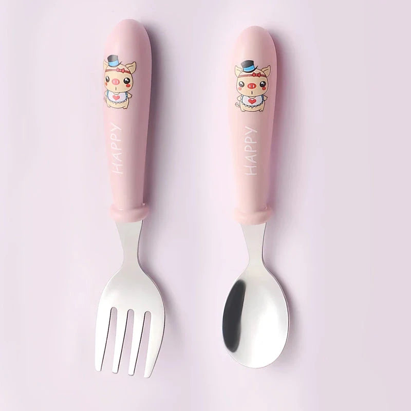 Charming cartoon stainless steel toddler cutlery set with engaging designs and ergonomic shape for easy grip