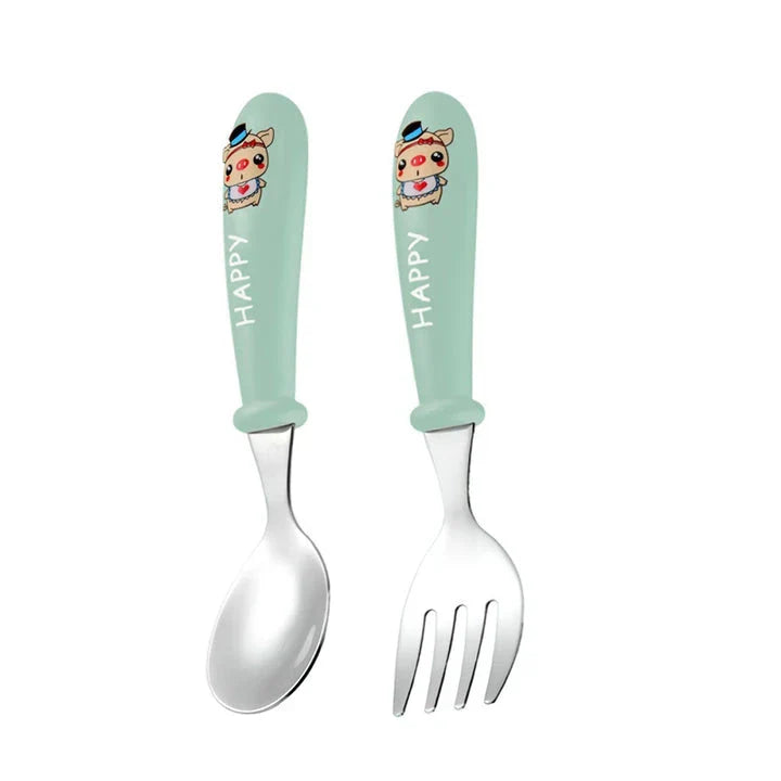 Charming cartoon stainless steel toddler cutlery set with engaging designs and ergonomic shape for easy grip