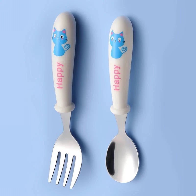 Charming cartoon stainless steel toddler cutlery set with engaging designs and ergonomic shape for easy grip