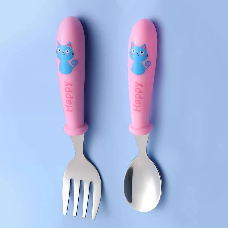Charming cartoon stainless steel toddler cutlery set with engaging designs and ergonomic shape for easy grip