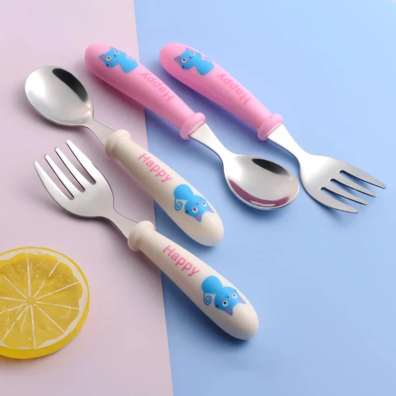 Charming cartoon stainless steel toddler cutlery set with engaging designs and ergonomic shape for easy grip