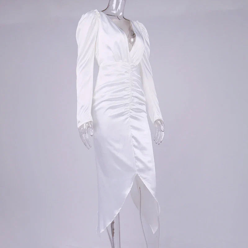 New Women's Sexy V-neck Pleated Puff Sleeve Dress in White and Black colours