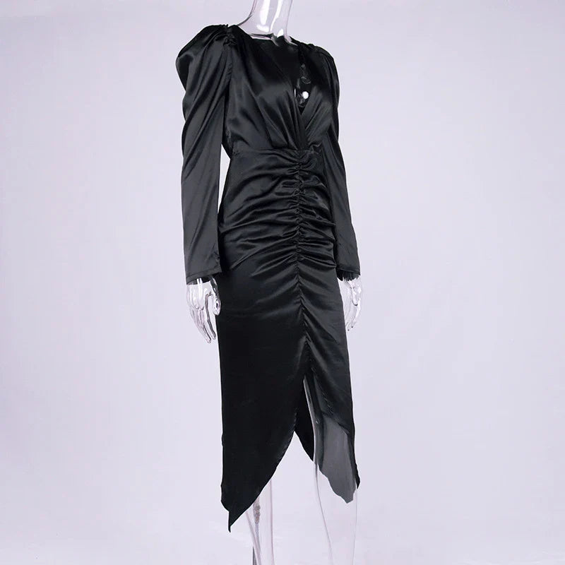 New Women's Sexy V-neck Pleated Puff Sleeve Dress in White and Black colours
