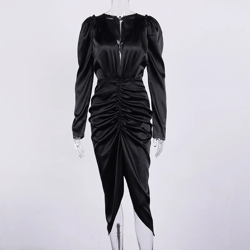 New Women's Sexy V-neck Pleated Puff Sleeve Dress in White and Black colours