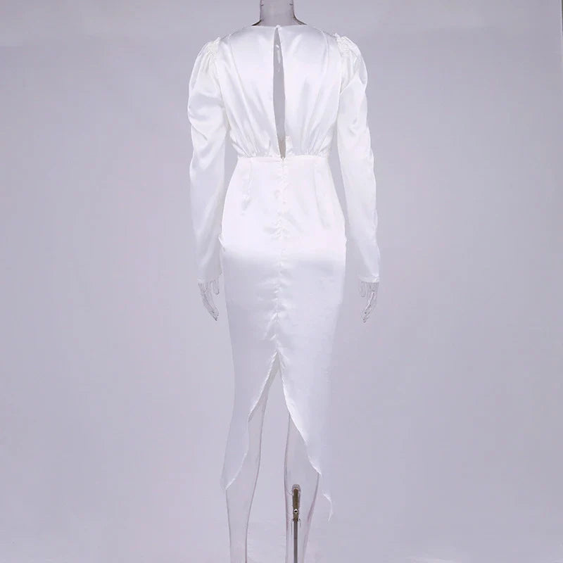 New Women's Sexy V-neck Pleated Puff Sleeve Dress in White and Black colours