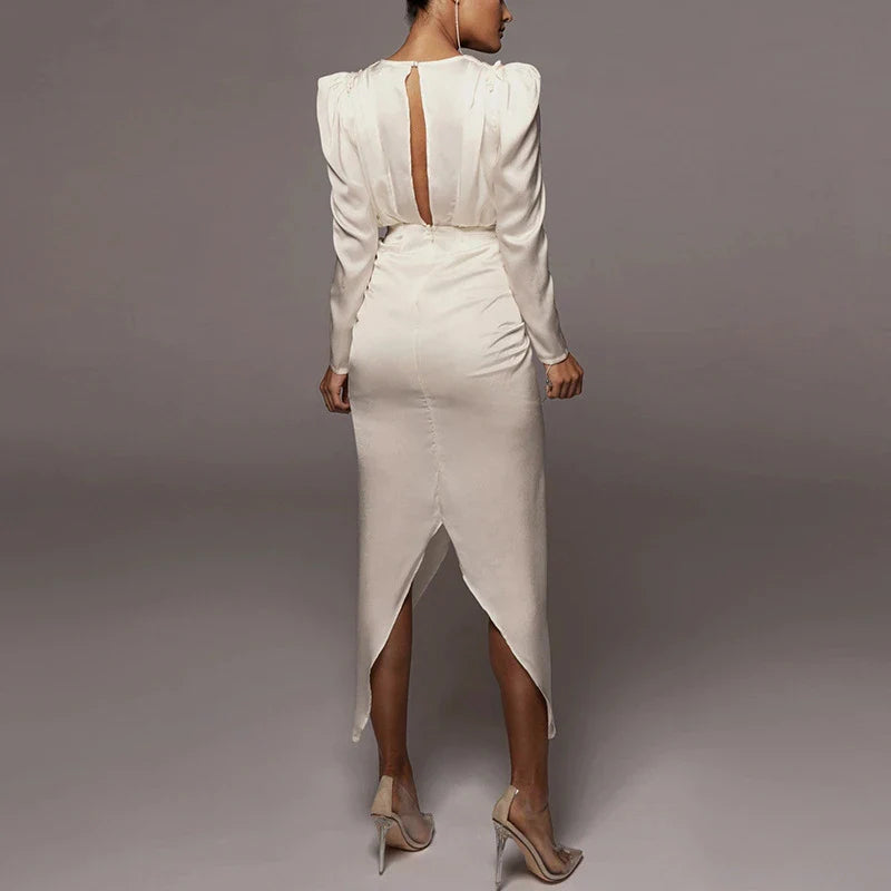 New Women's Sexy V-neck Pleated Puff Sleeve Dress in White and Black colours
