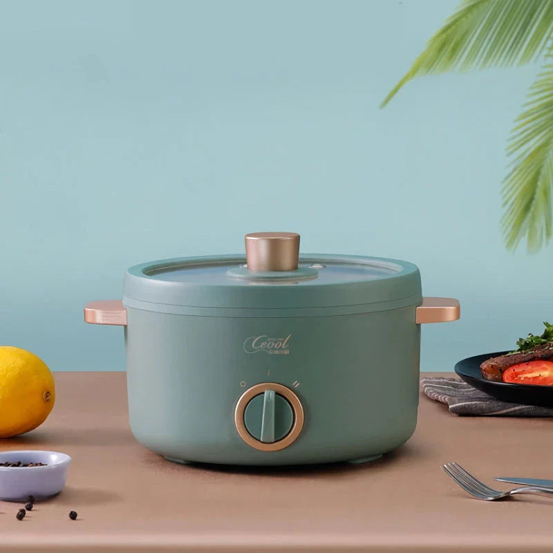 Multifunction Mini Electric Cooking Pot with Food Steamer - A compact and versatile kitchen appliance with non-stick surface and steamer attachment.
