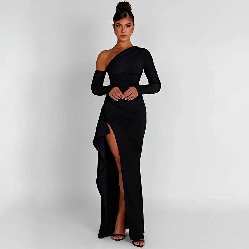 Elegant wine red maxi dress with oblique shoulder design, thigh-high split, and backless feature for sophisticated evening wear