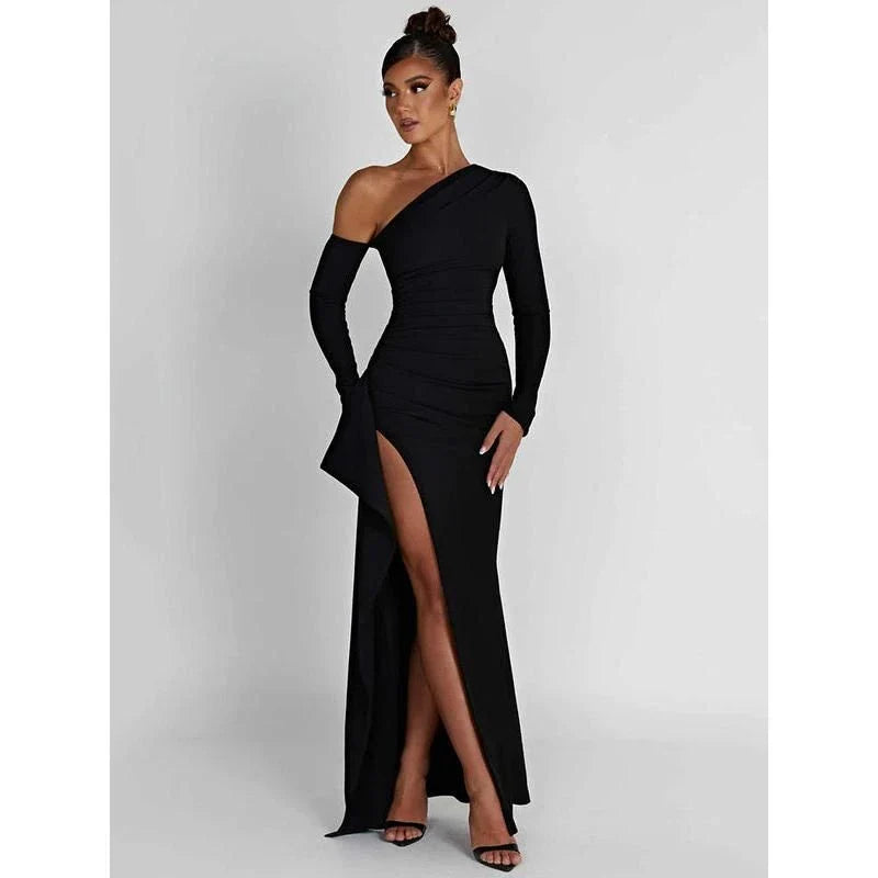 Elegant wine red maxi dress with oblique shoulder design, thigh-high split, and backless feature for sophisticated evening wear