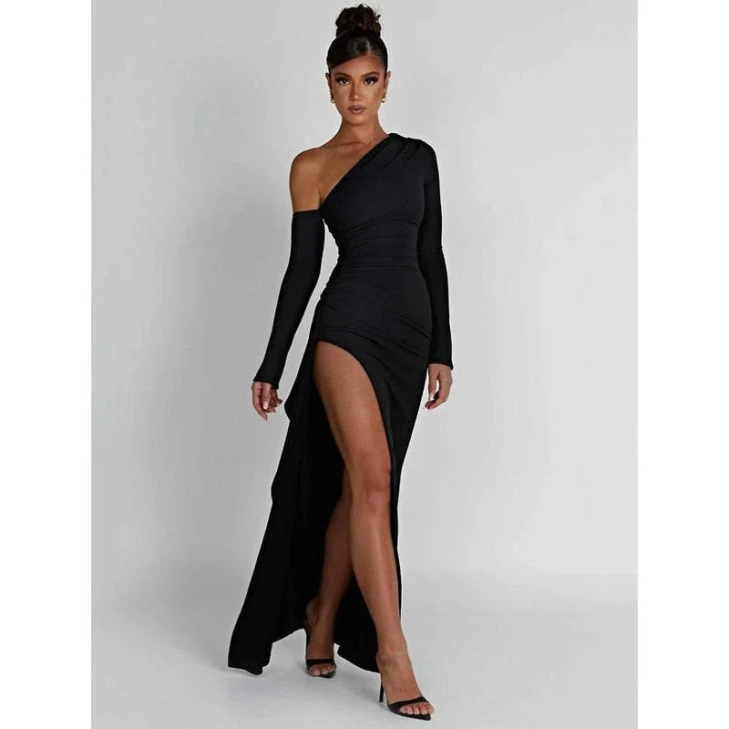 Elegant wine red maxi dress with oblique shoulder design, thigh-high split, and backless feature for sophisticated evening wear