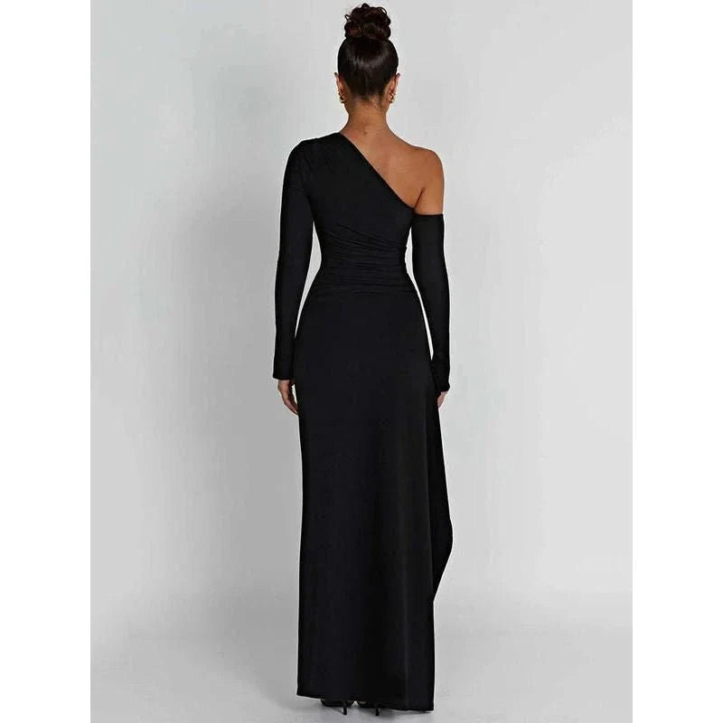 Elegant wine red maxi dress with oblique shoulder design, thigh-high split, and backless feature for sophisticated evening wear