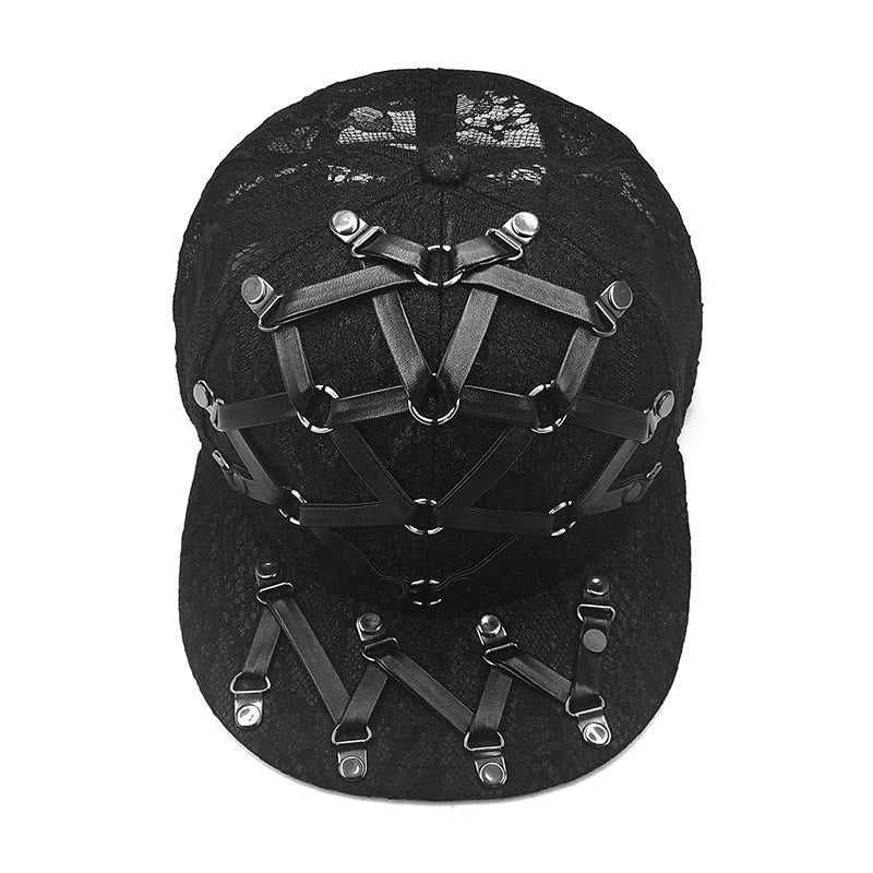 European and American-inspired punk T-shaped leather cap with a flat brim, adjustable sizing, and a range of bold colour options