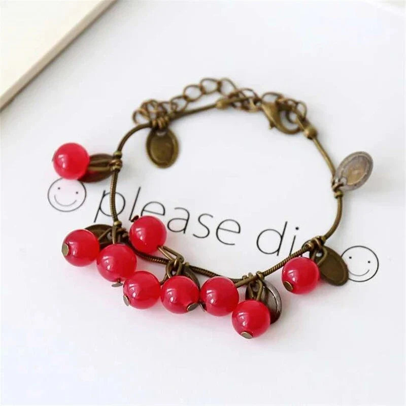 Boho Vintage Cherry Coin Bangle for Girls - Durable Acrylic and Zinc Alloy Construction with Adjustable Fit