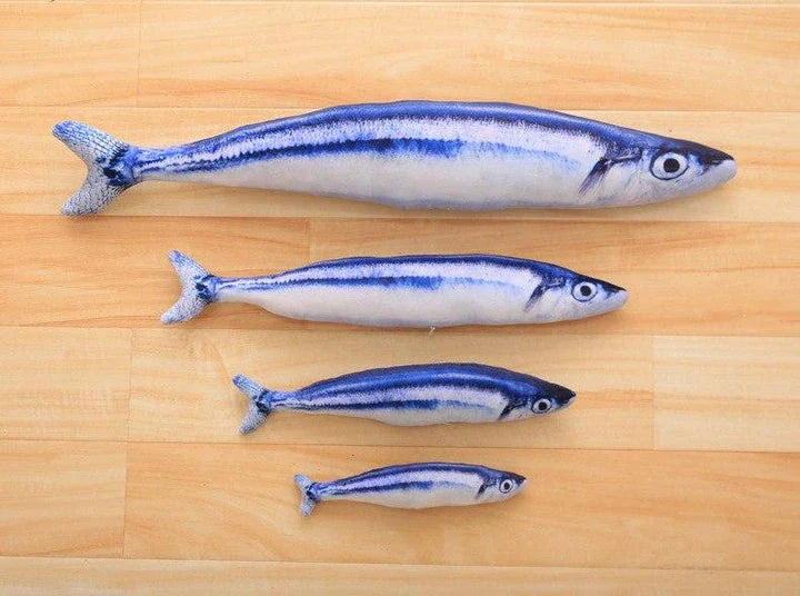 Catnip-filled plush fish toy for cats in various sizes, designed to satisfy scratching and chewing instincts