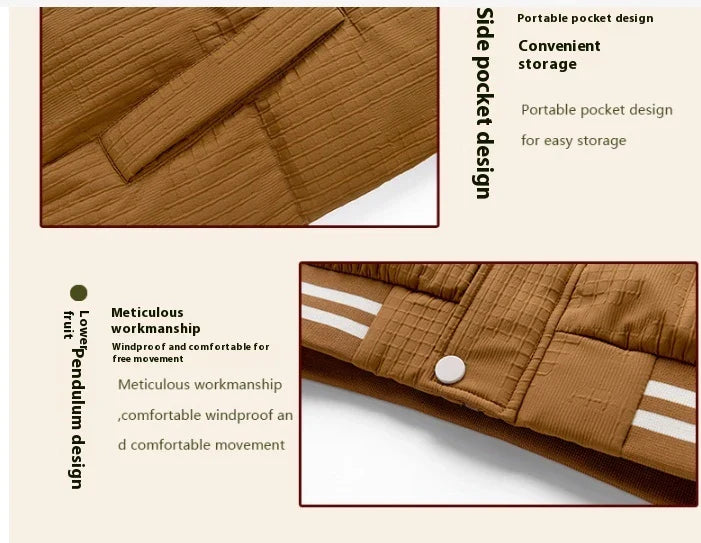 A stylish and warm men's down jacket featuring a two-piece design for a flattering fit, available in white, black, and brown colours.