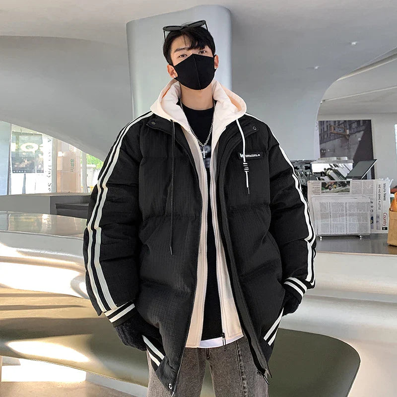 A stylish and warm men's down jacket featuring a two-piece design for a flattering fit, available in white, black, and brown colours.