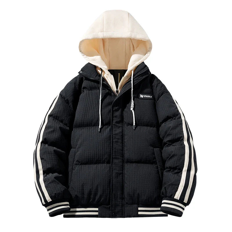 A stylish and warm men's down jacket featuring a two-piece design for a flattering fit, available in white, black, and brown colours.