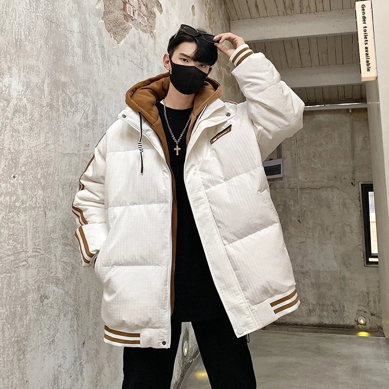 A stylish and warm men's down jacket featuring a two-piece design for a flattering fit, available in white, black, and brown colours.