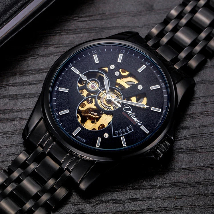 Trendha Mechanical Fully Automatic Fashion Hipster Luxury Steel Belt Watch in black color