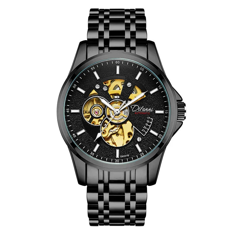 Trendha Mechanical Fully Automatic Fashion Hipster Luxury Steel Belt Watch in black color