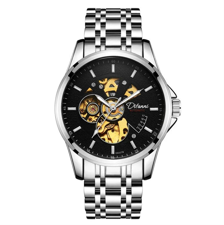 Trendha Mechanical Fully Automatic Fashion Hipster Luxury Steel Belt Watch in black color