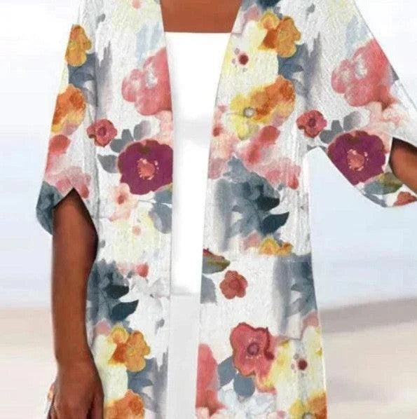 Printed Loose Top Fashion Coat in various vibrant colours, featuring a V-shaped collar and 5/4 sleeves for a modern, stylish look.