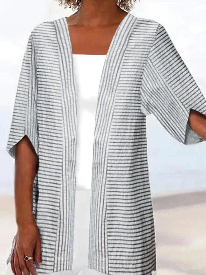 Printed Loose Top Fashion Coat in various vibrant colours, featuring a V-shaped collar and 5/4 sleeves for a modern, stylish look.
