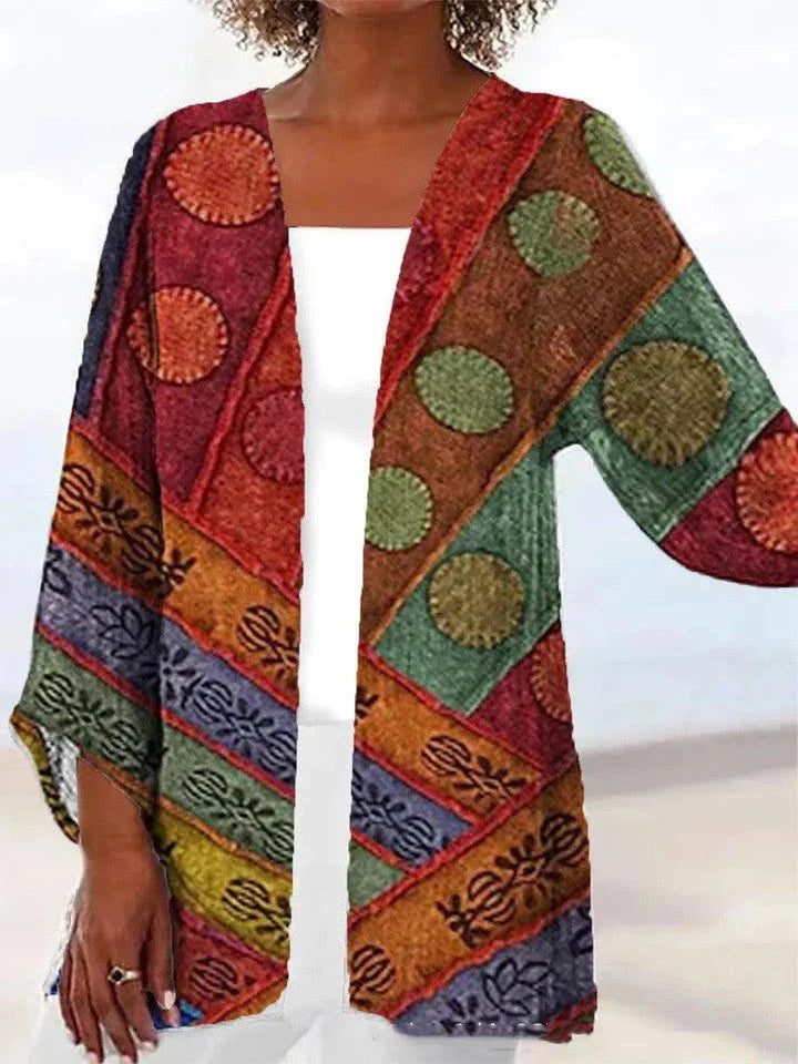 Printed Loose Top Fashion Coat in various vibrant colours, featuring a V-shaped collar and 5/4 sleeves for a modern, stylish look.