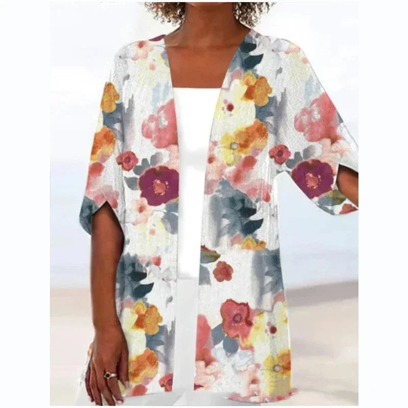 Printed Loose Top Fashion Coat in various vibrant colours, featuring a V-shaped collar and 5/4 sleeves for a modern, stylish look.